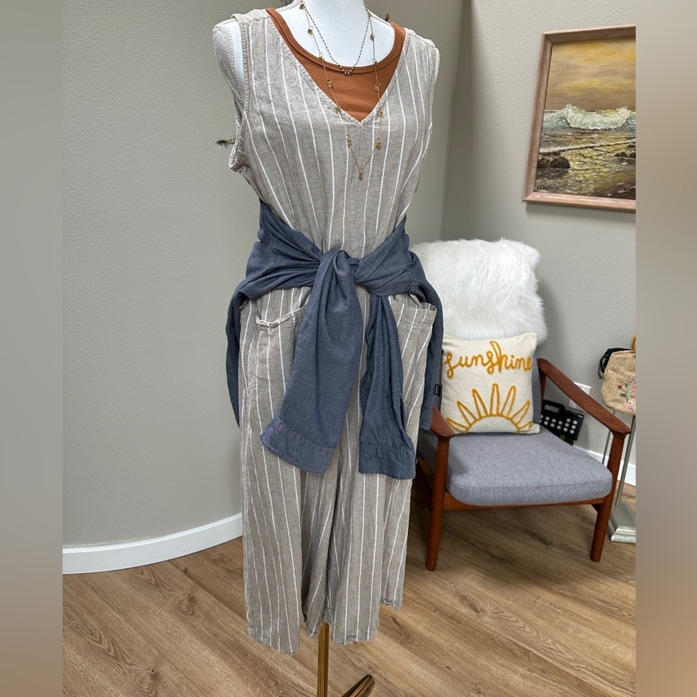 Beachlunchlounge cotton linen taupe and white vertical striped wide leg jumpsuit